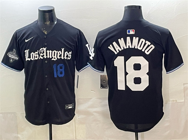 Men's Los Angeles Dodgers #18 Yoshinobu Yamamoto Black 2025 World Series Champions Patch 'Gothic Edition' Vapor Premier Limited Stitched Baseball Jersey Men's Los Angeles Dodgers #18 Yoshinobu Yamamoto Black 2025 World Series Champions Patch 'Gothic Edition' Vapor Premier Limited Stitched Baseball Jersey